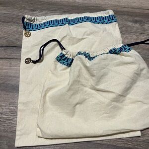 Set of Two Cream Tory Burch Drawstring Dust Bags with Blue Pattern
